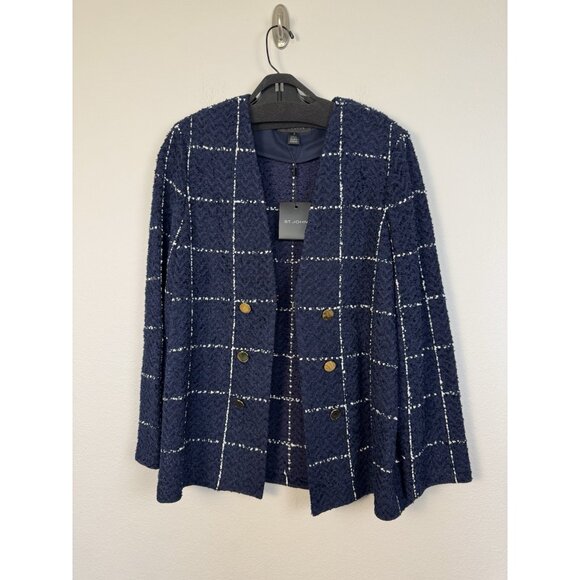 St. John Herringbone Grid Knit Jacket Navy White $1695 NWT Size 12